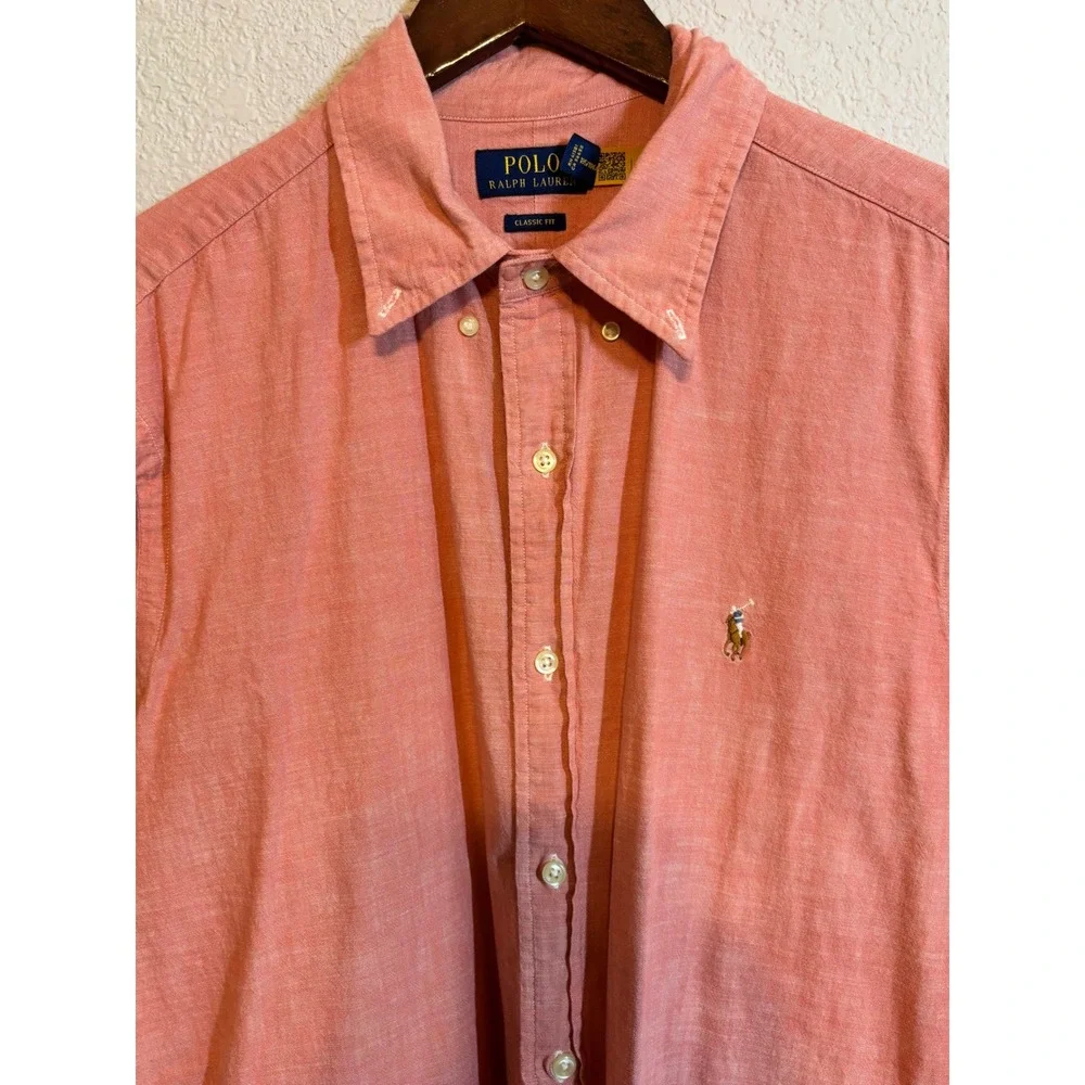 Polo Ralph Lauren Mens XL Classic Fit Cotton Linen Look Shirt Coral Pink